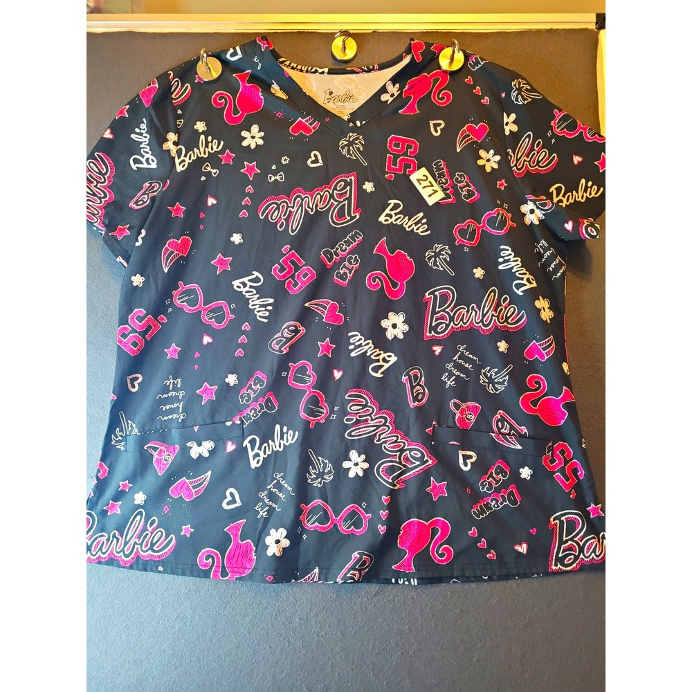 Barbie Women's Medical Scrub Top 2XL V-Neck Patterned Black Pink White
